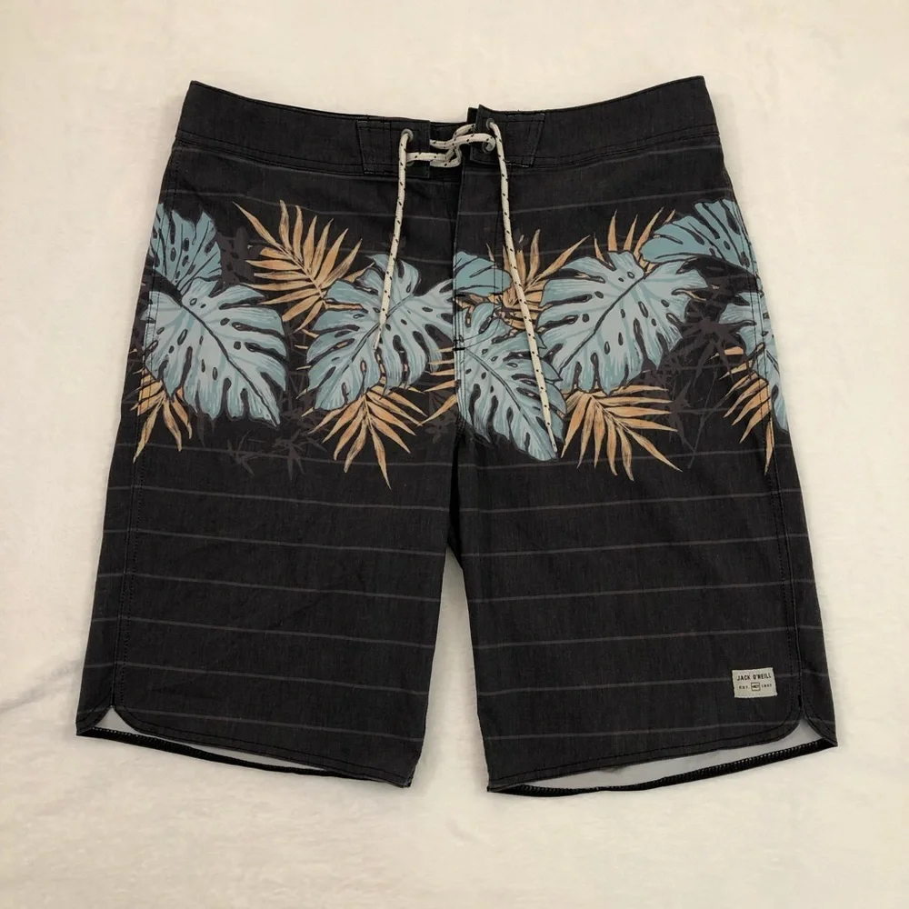 JACK O’NEILL Surf Black Aqua Palm Floral Stripe Swim Trunks Board Shorts Mens 30